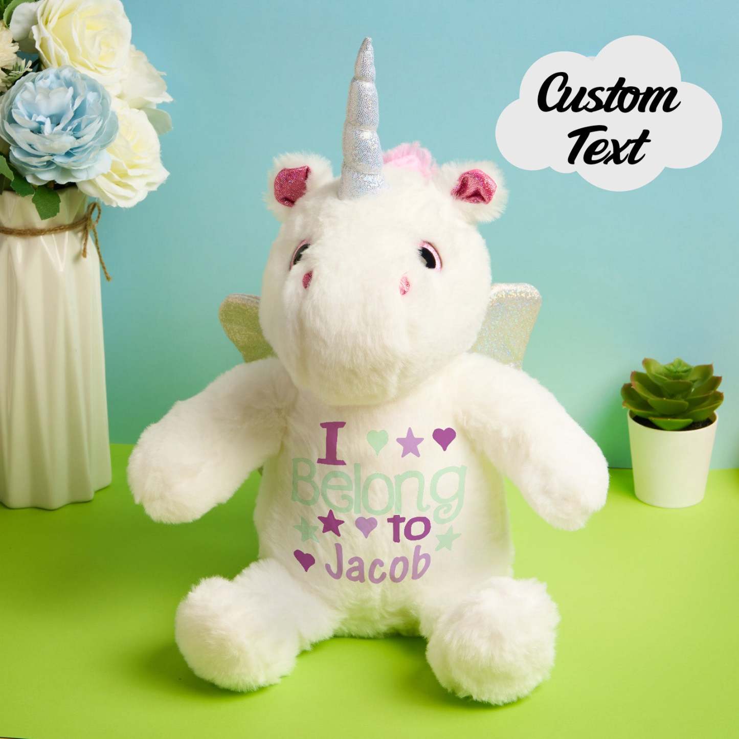 Personalized Unicorn Plush Stuffed Animal Birth Announcement Gift for Baby Shower - mysiliconefoodbag