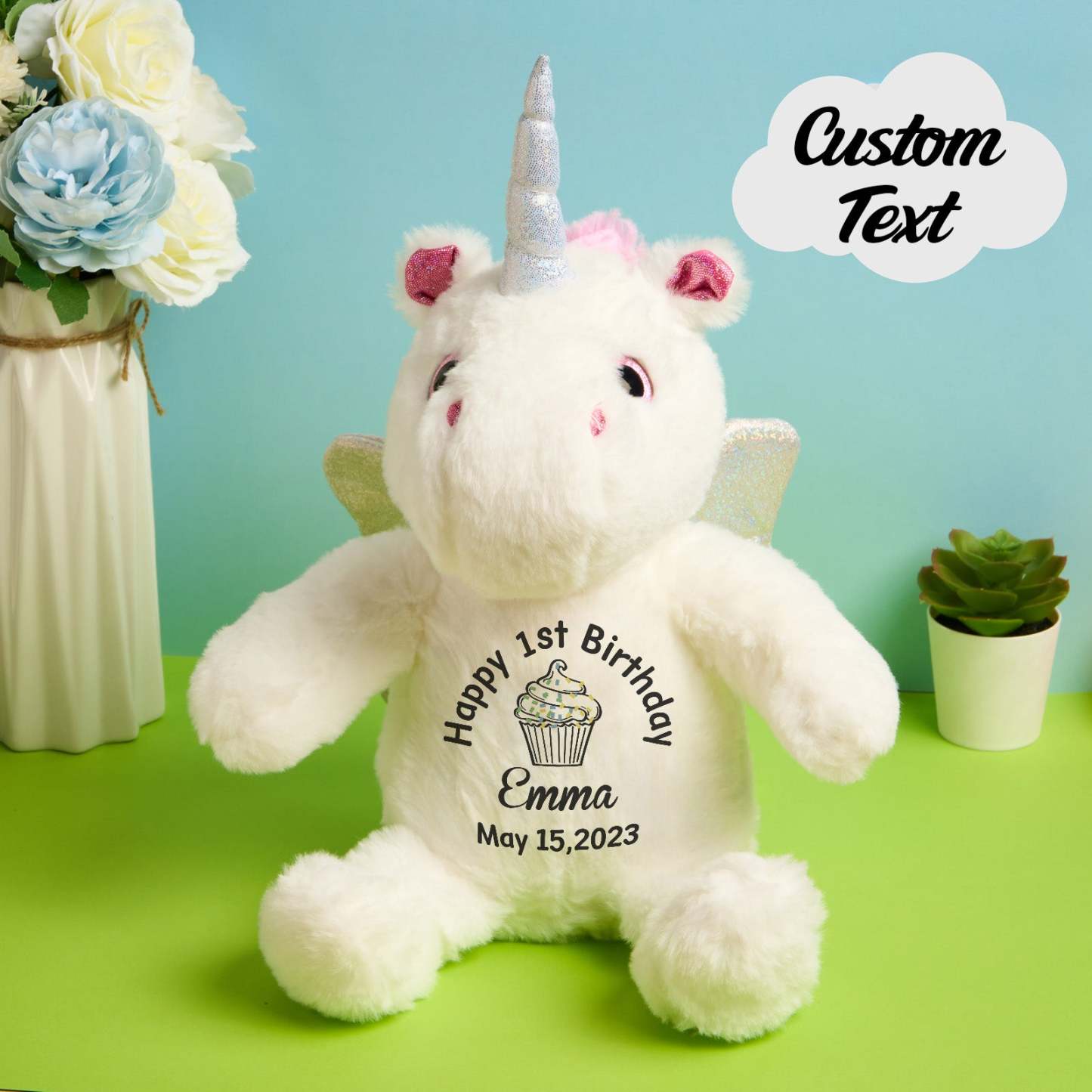 Personalized Unicorn Plush Stuffed Animal Birth Announcement Gift for Baby Shower - mysiliconefoodbag