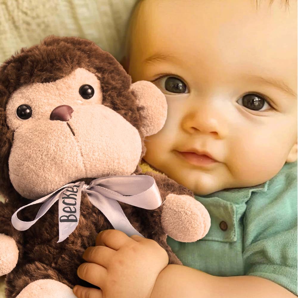 Personalized Monkey Plush Stuffed Animal Birth Announcement Gift for Baby Shower - mysiliconefoodbag