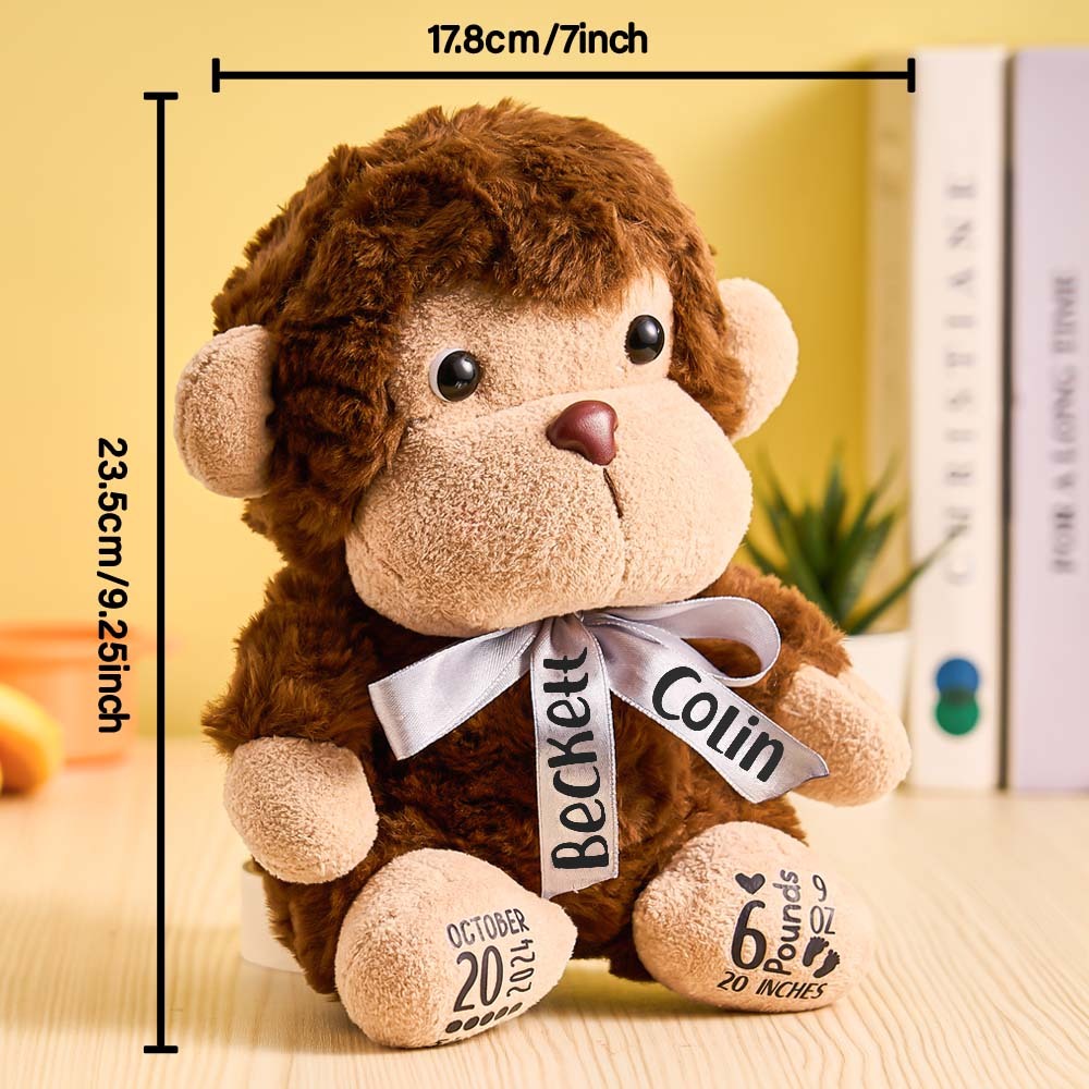 Personalized Monkey Plush Stuffed Animal Birth Announcement Gift for Baby Shower - mysiliconefoodbag