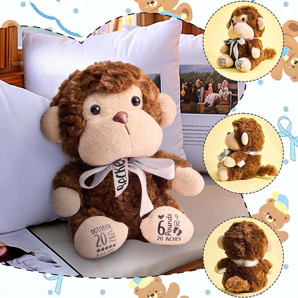 Personalized Monkey Plush Stuffed Animal Birth Announcement Gift for Baby Shower - mysiliconefoodbag