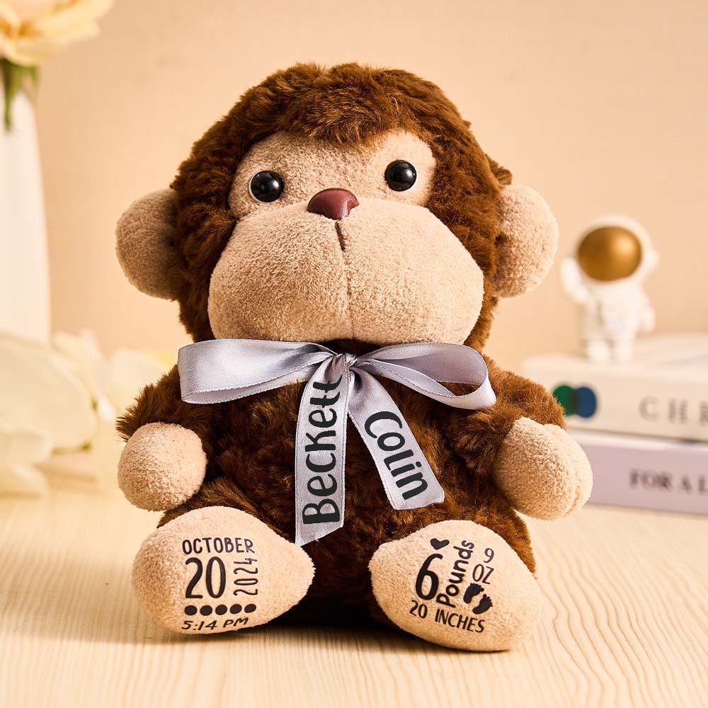 Personalized Monkey Plush Stuffed Animal Birth Announcement Gift for Baby Shower - mysiliconefoodbag