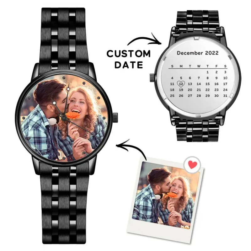 Men's Engraved Photo Watch Calendar Black Alloy Bracelet Gift for Couple