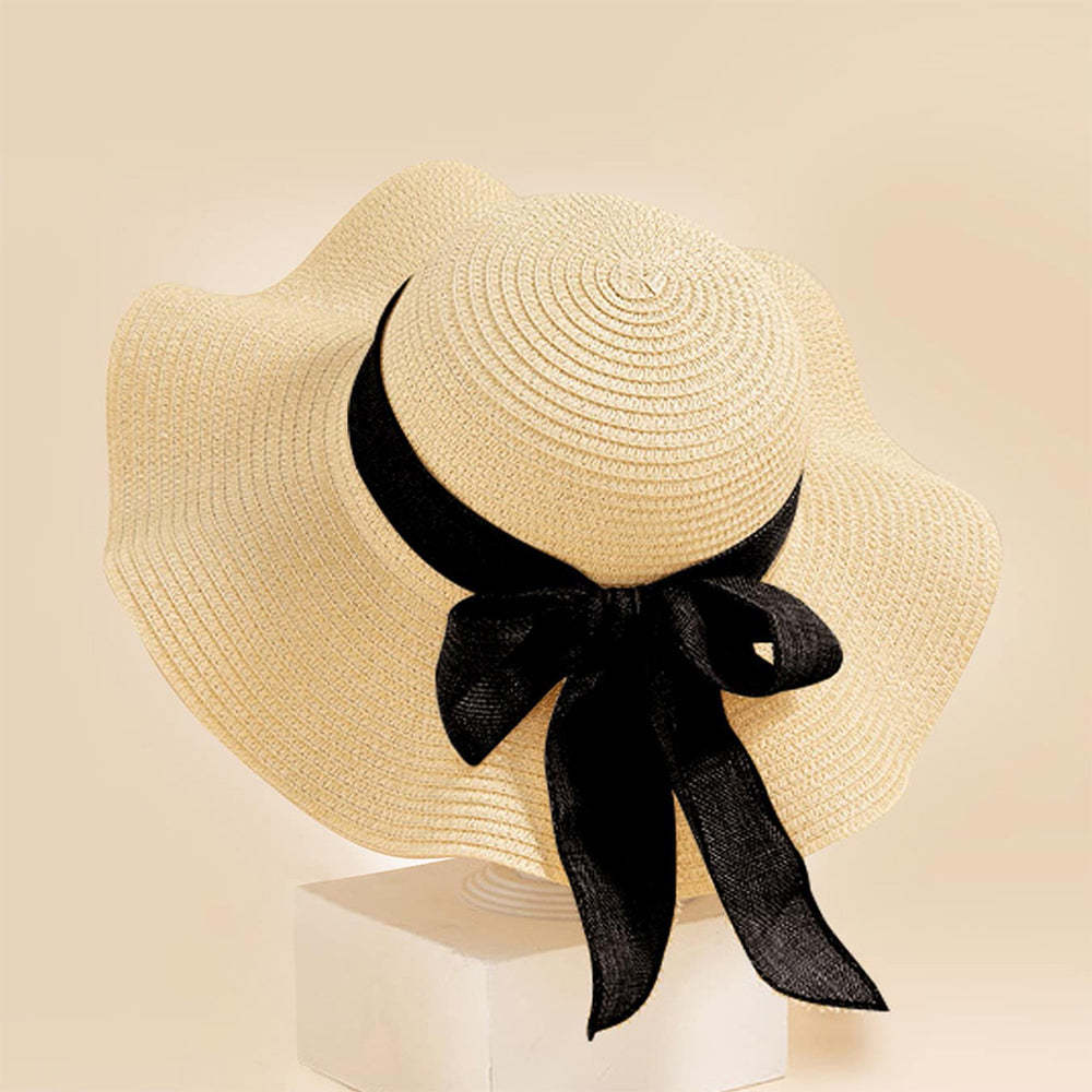 Women Straw Hat Beach Wide Brim Bow-Knot Floppy Folding Sun Hat - makephotopuzzleuk