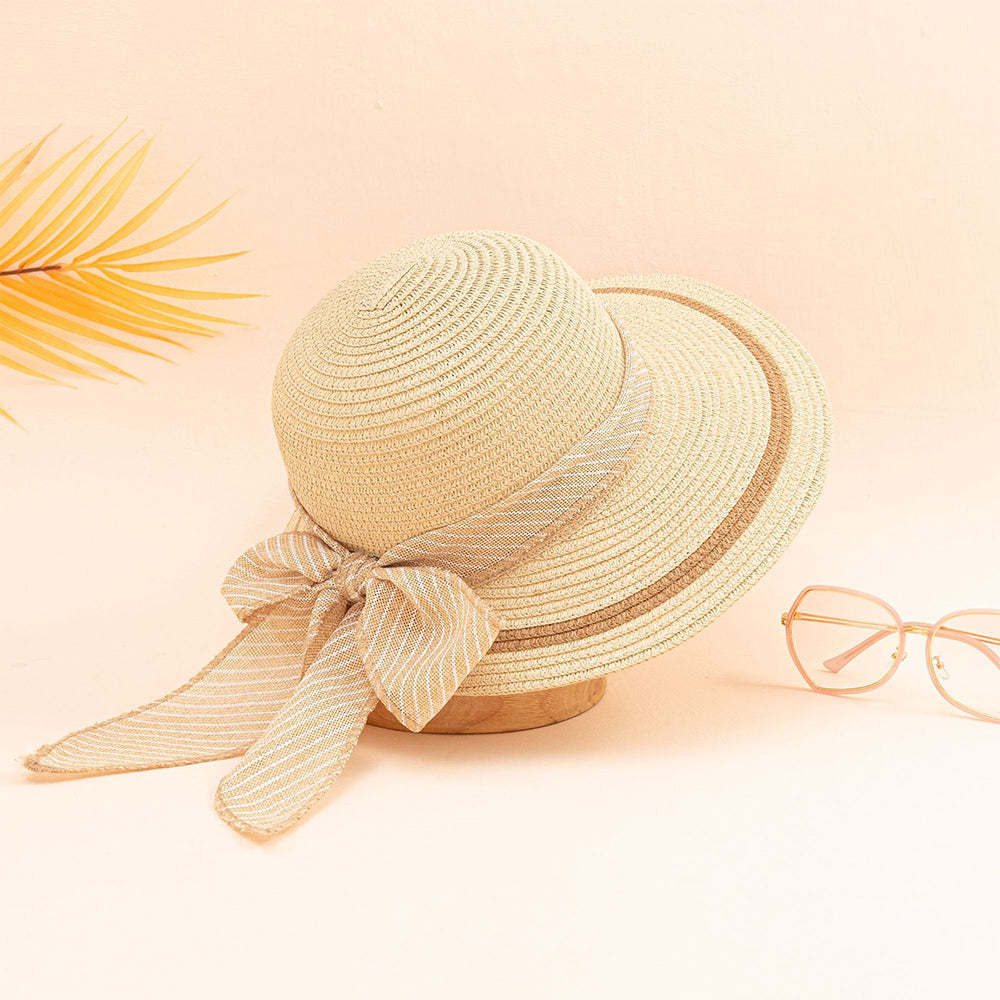 Women Straw Hat Beach Hats Striped Bow Knot Decor Sun Hat - makephotopuzzleuk