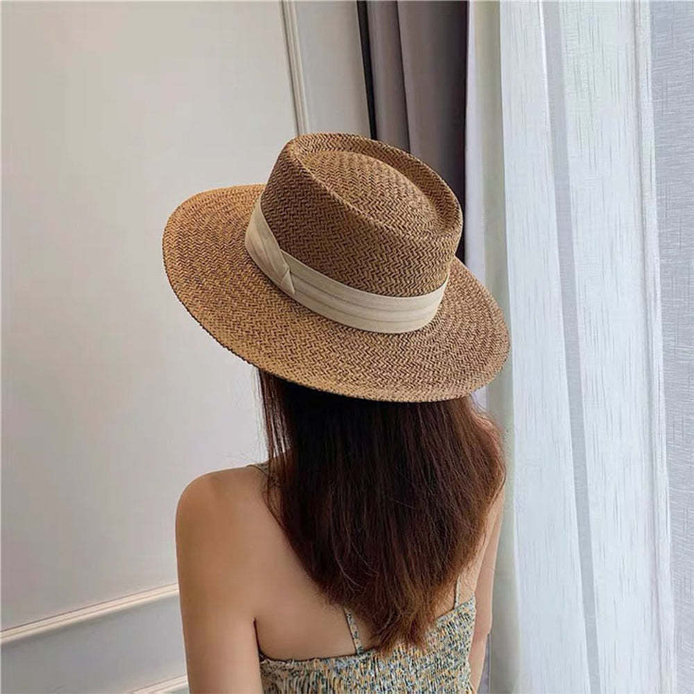 Women Fashion Summer Flat Top Straw Hat Sun Hat Travel Beach Cap - makephotopuzzleuk