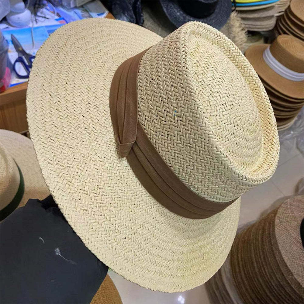 Women Fashion Summer Flat Top Straw Hat Sun Hat Travel Beach Cap - makephotopuzzleuk