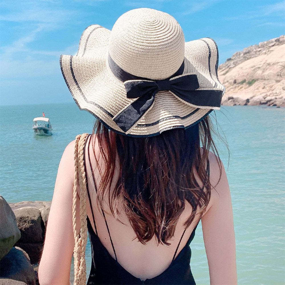 Women Sun Protection Straw Hat Beach Wide Brim Bow-Knot Big Floppy Sun Hat - makephotopuzzleuk