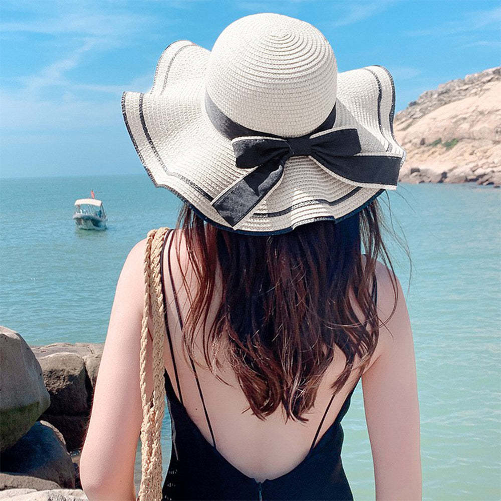 Women Sun Protection Straw Hat Beach Wide Brim Bow-Knot Big Floppy Sun Hat - makephotopuzzleuk