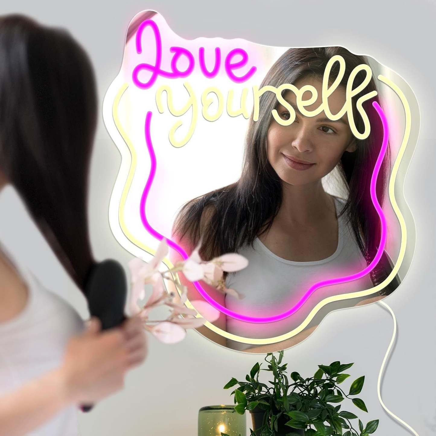 Love Yourself Mirror Light for Wall Wavy Neon Mirror LED Dimmable Light Gift for Her - photomoonlamp