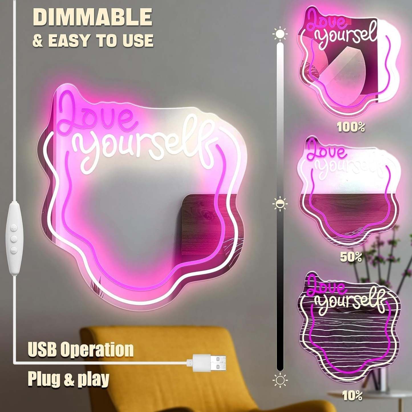 Love Yourself Mirror Light for Wall Wavy Neon Mirror LED Dimmable Light Gift for Her - photomoonlamp