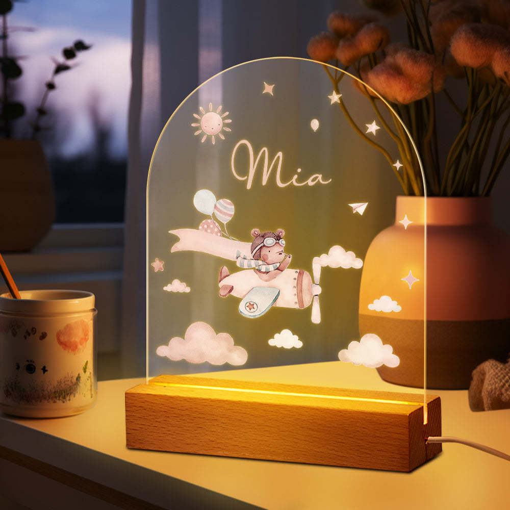 Personalised Baby Night Light With Wooden Base Custom Name Nursery Animals Light Baby Gift - mysiliconefoodbag