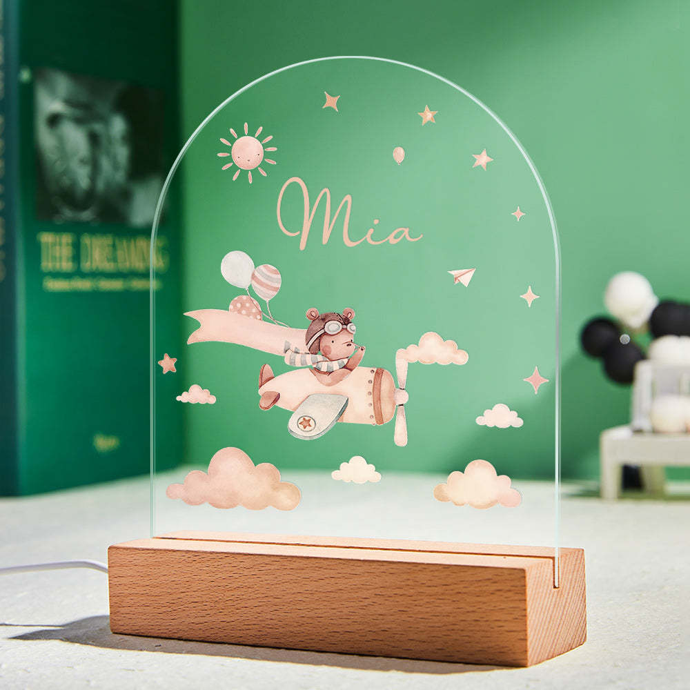 Personalised Baby Night Light With Wooden Base Custom Name Nursery Animals Light Baby Gift - mysiliconefoodbag