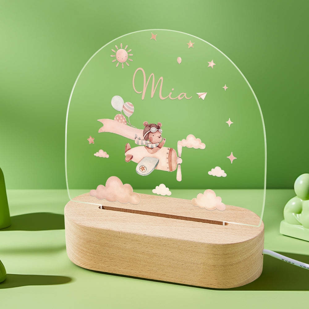 Personalised Baby Night Light With Wooden Base Custom Name Nursery Animals Light Baby Gift - mysiliconefoodbag