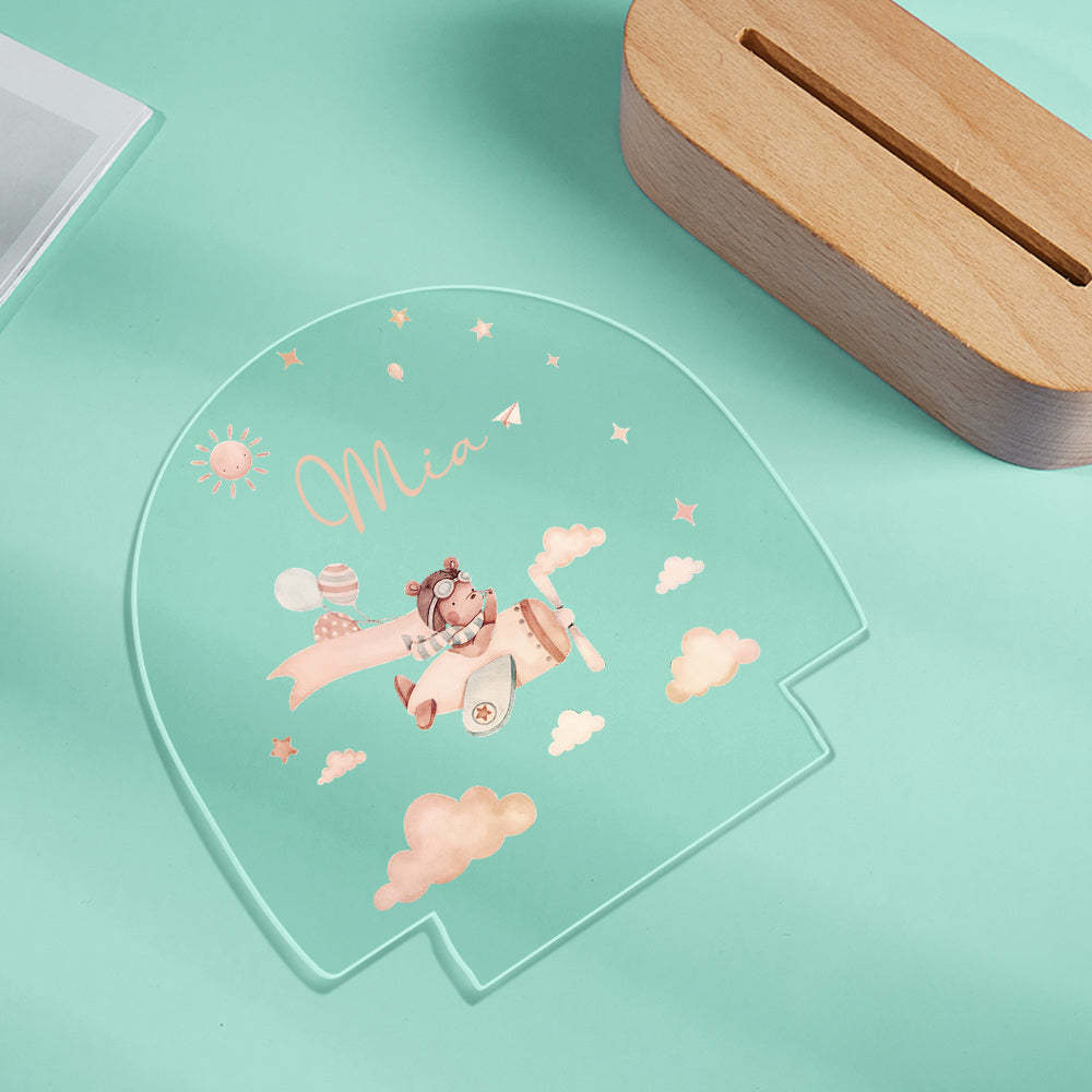 Personalised Baby Night Light With Wooden Base Custom Name Nursery Animals Light Baby Gift - mysiliconefoodbag