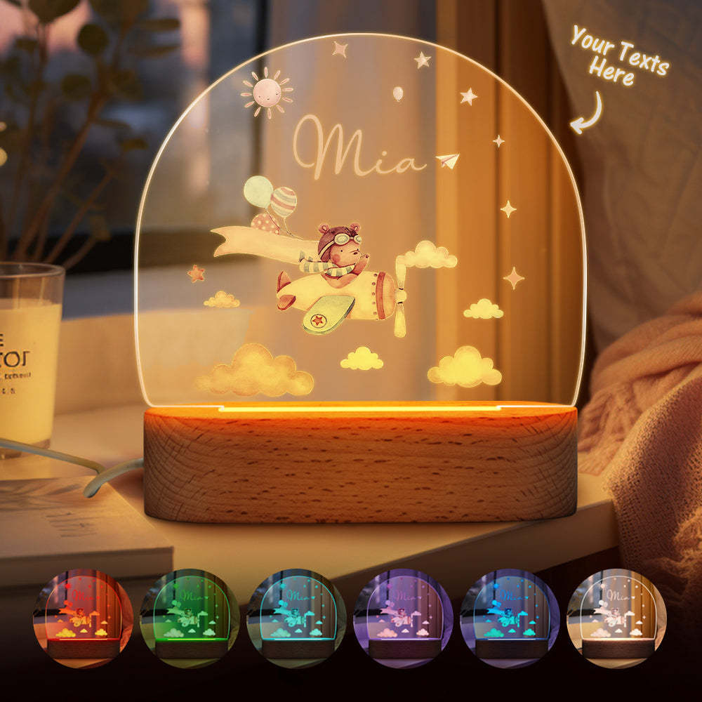 Personalised Baby Night Light With Wooden Base Custom Name Nursery Animals Light Baby Gift - mysiliconefoodbag