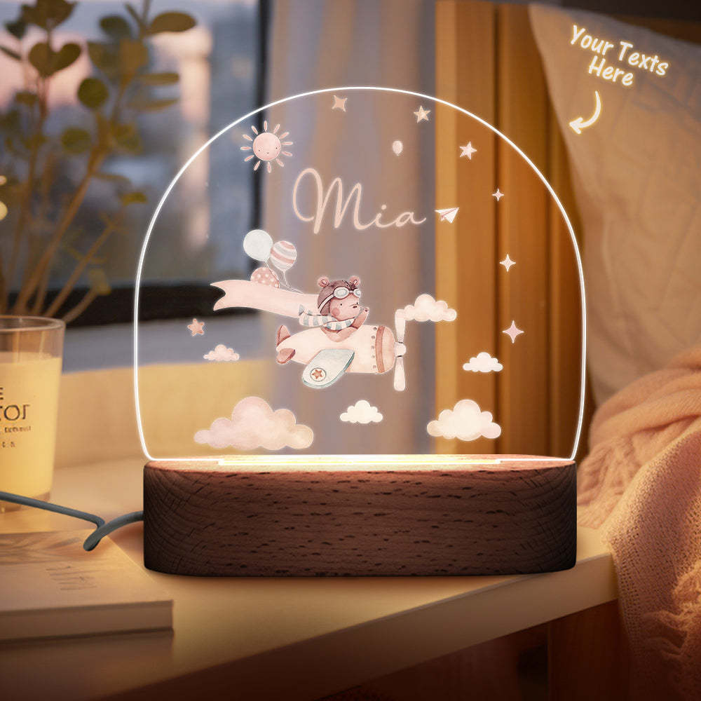 Personalised Baby Night Light With Wooden Base Custom Name Nursery Animals Light Baby Gift - mysiliconefoodbag