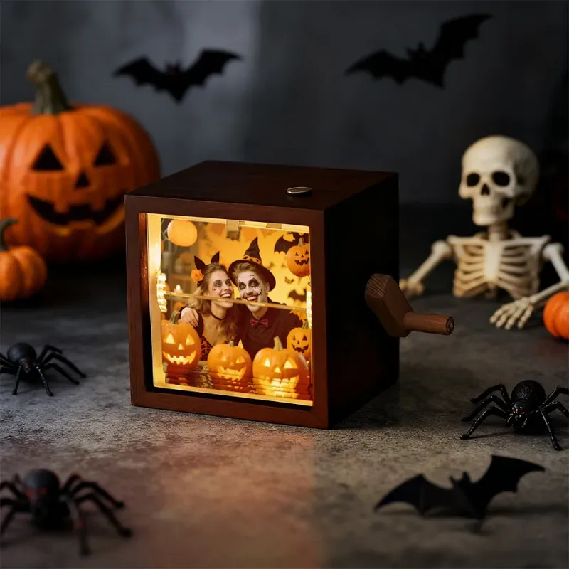 Custom Photo Flipbook Frame Animation Machine Mechanical Hand-cranked Flipbook Box Photo Album with Light Black Walnut Halloween Gifts