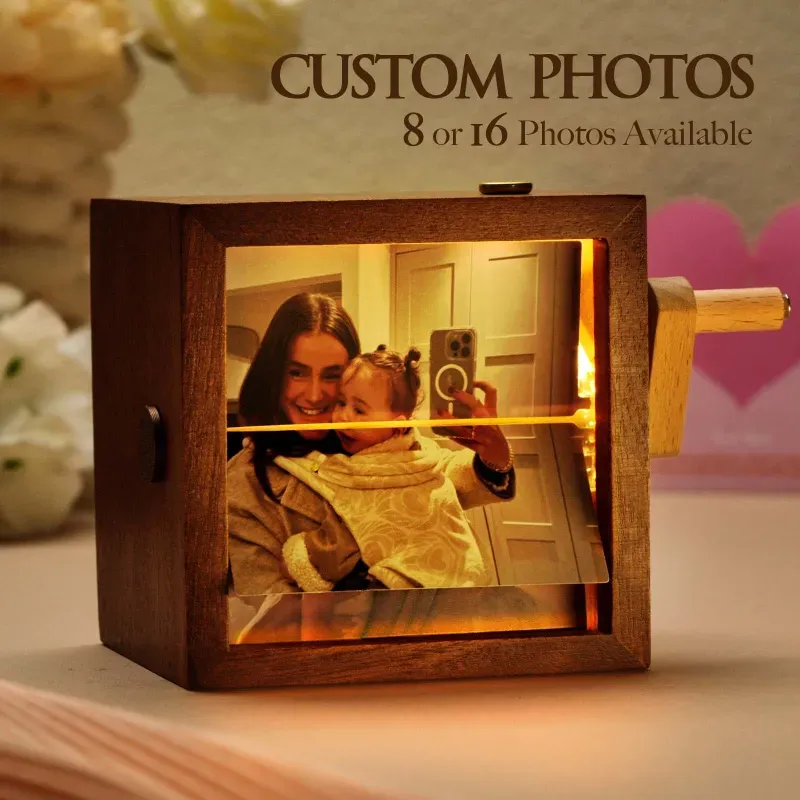 Custom Hand-Crank Flipbook Box Photo Album with Light Black Walnut Mothering Sunday Gift for Mum