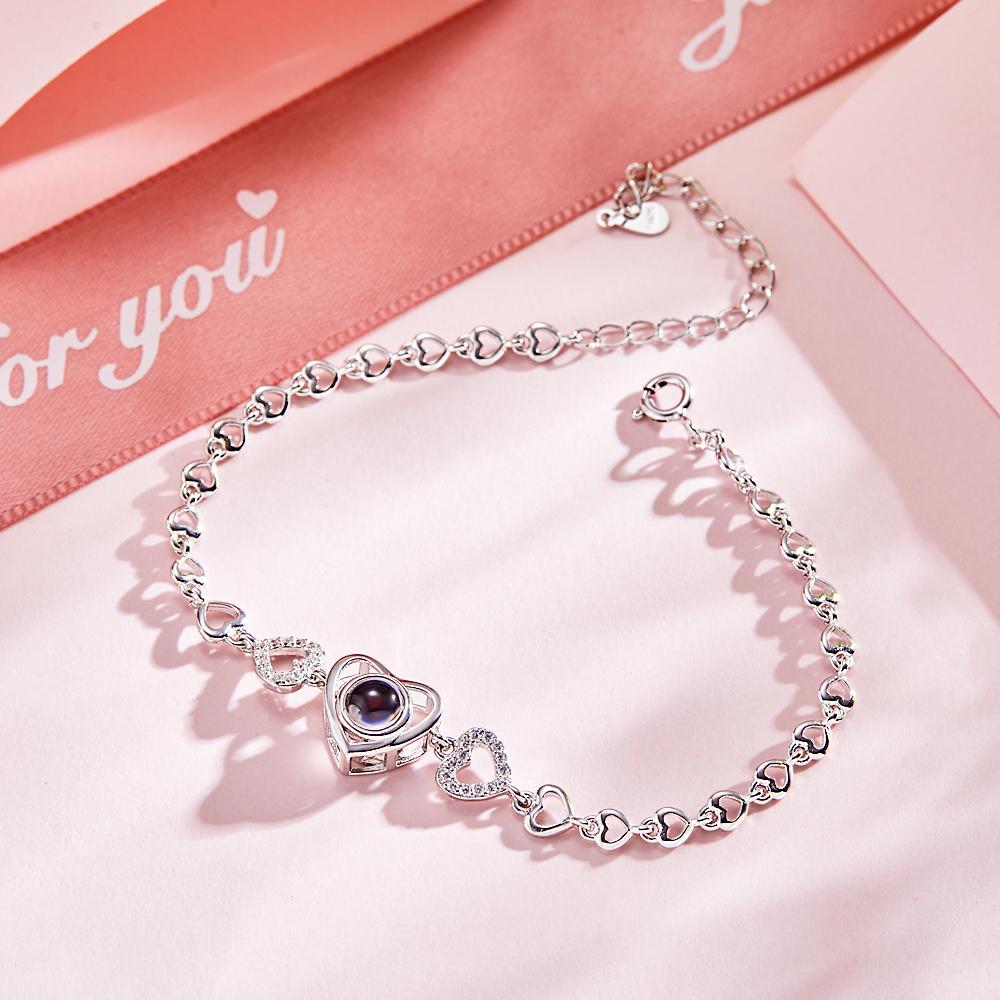 Custom Photo Projection Heart Link Bracelet Personalized Sterling Silver Bracelet - mycustomtirecover