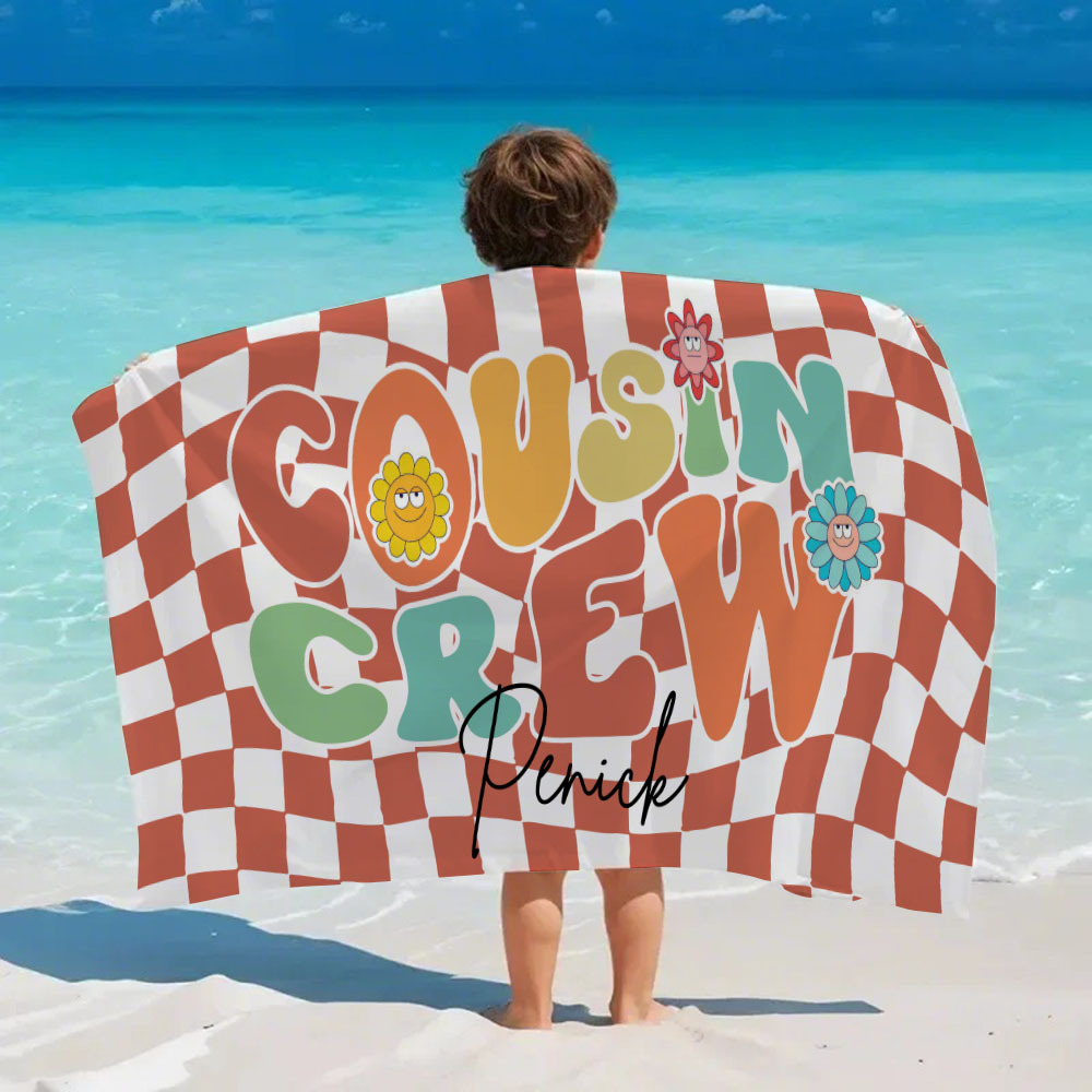 Personalised Cousin Crew Plaid Design Oversized Quick Dry Beach Towel with Name Birthday Summer Vacation Accessory Gift for Kids