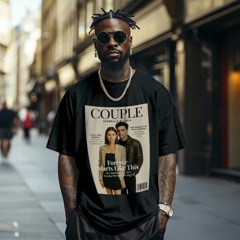 Custom Photo Magazine Tee Personalized Stylish T-shirt Couple Gifts Black
