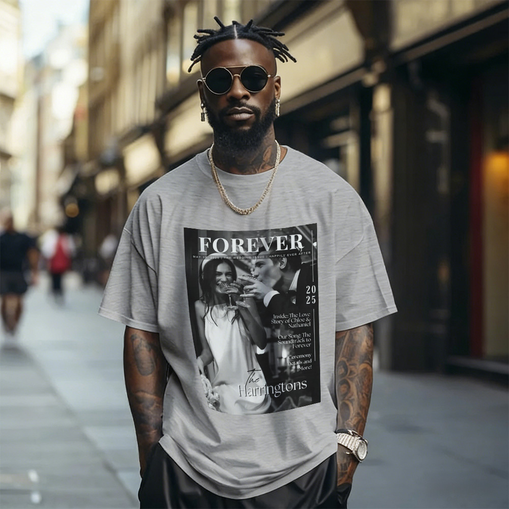 Custom Photo Magazine Tee Personalized Stylish T-shirt Couple Gifts Black