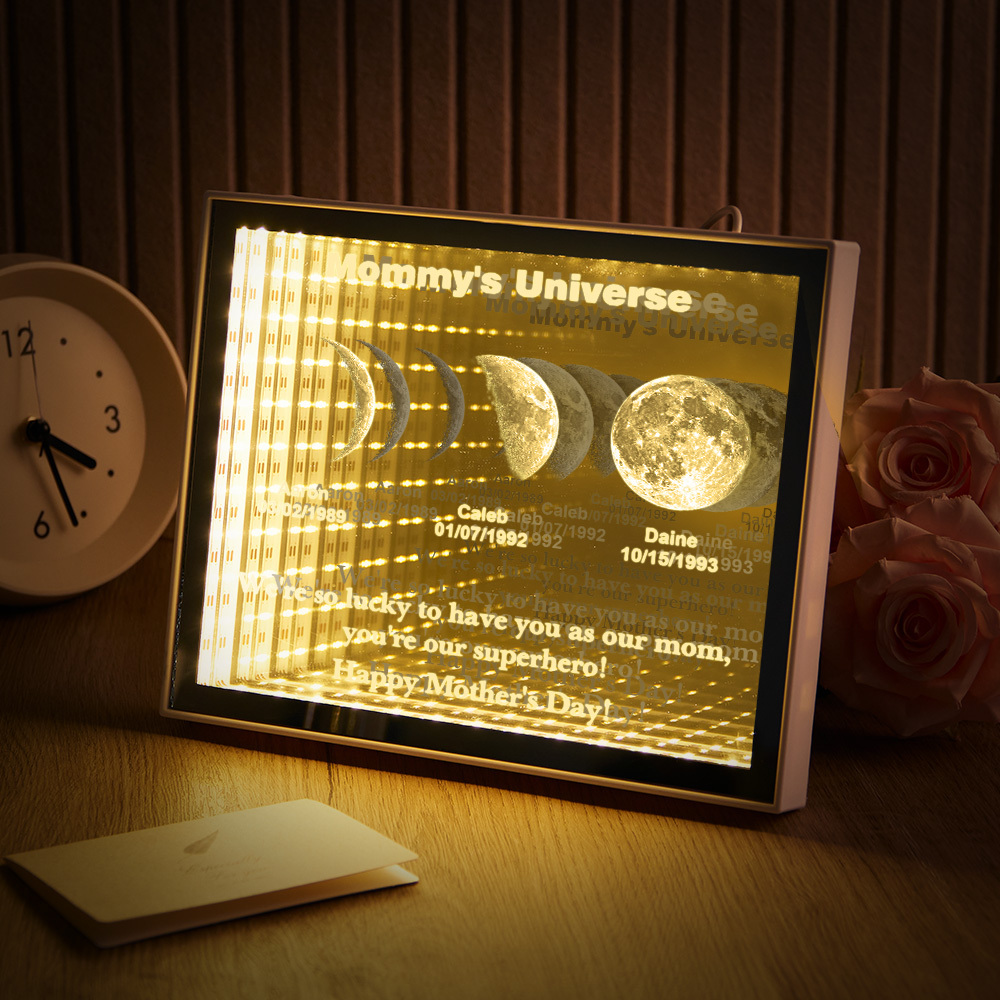 Custom Mirror Infinity Moon Phase Lightbox Personalized Night Light Mirror with Personalized Name and Heartfelt Text for Mom on Mother's Day