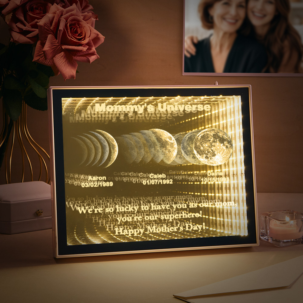 Custom Mirror Infinity Moon Phase Lightbox Personalized Night Light Mirror with Personalized Name and Heartfelt Text for Mom on Mother's Day