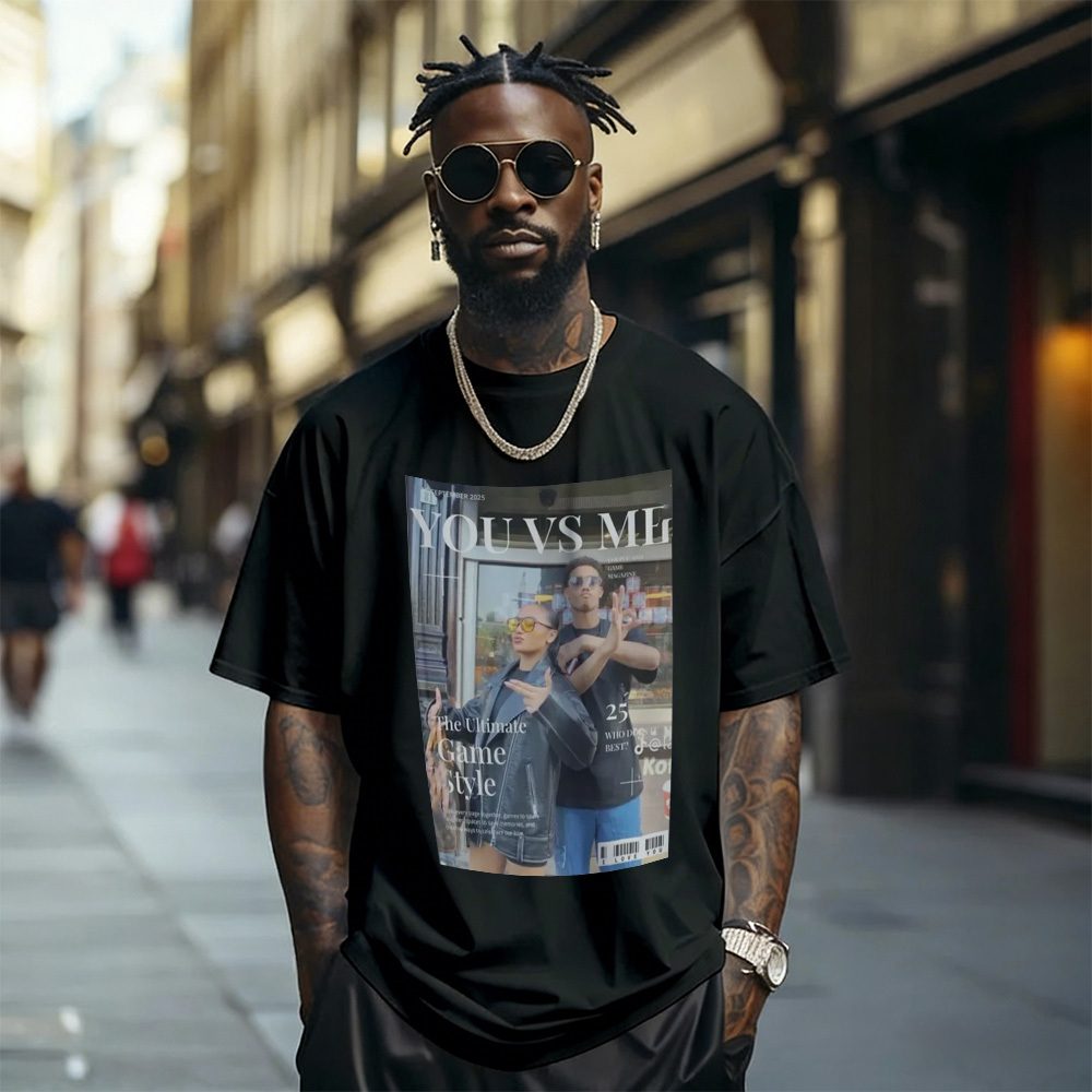 Custom Photo Magazine Tee Personalized Stylish T-shirt Couple Gifts Black