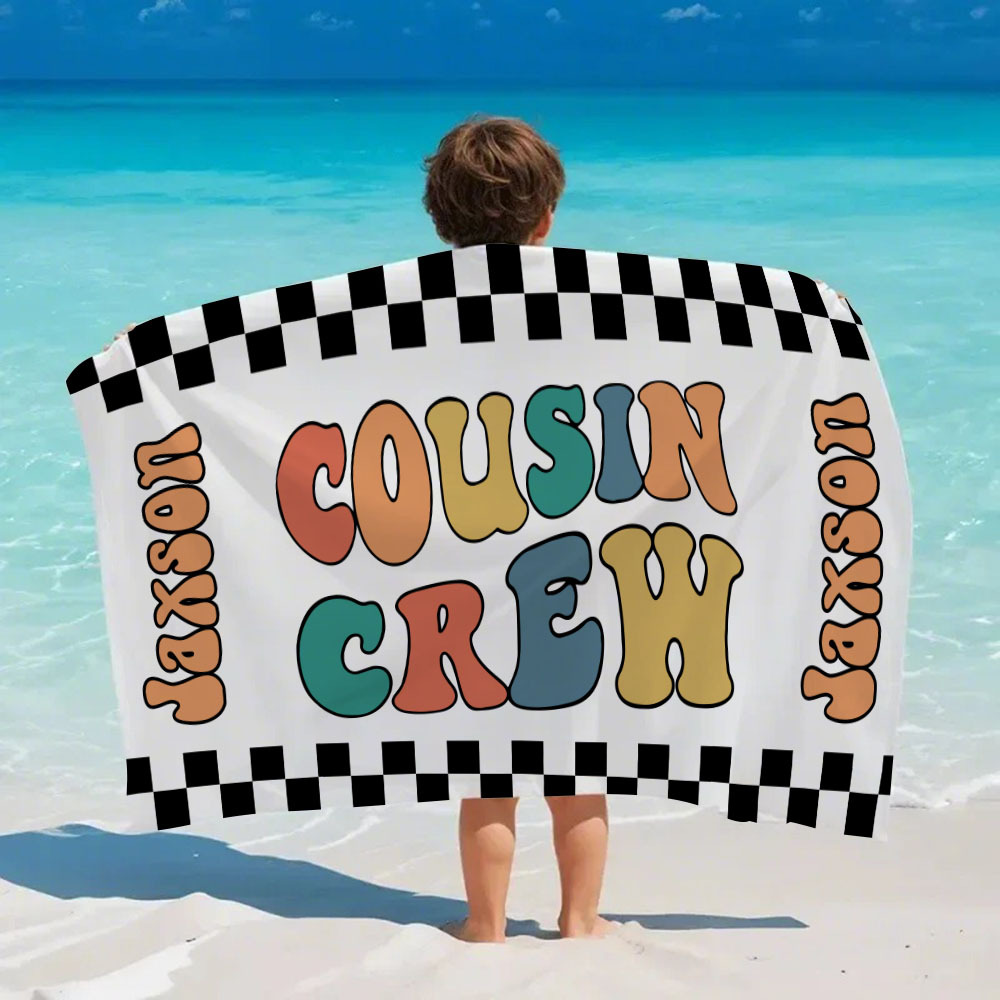 Personalized Cousin Crew Beach Towel, Custom Name Pool Bath Towel, Cousin Family Reunion Gift, Retro Checkered Beach Towel, Cousin Crew Beach Towel