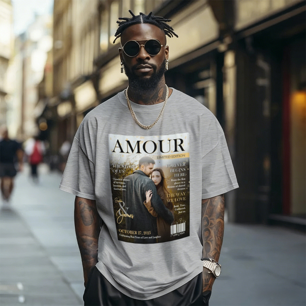 Custom Photo Magazine Tee Personalized Stylish T-shirt Couple Gifts Black