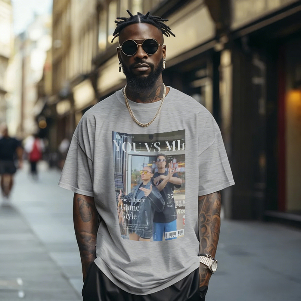 Custom Photo Magazine Tee Personalized Stylish T-shirt Couple Gifts Black