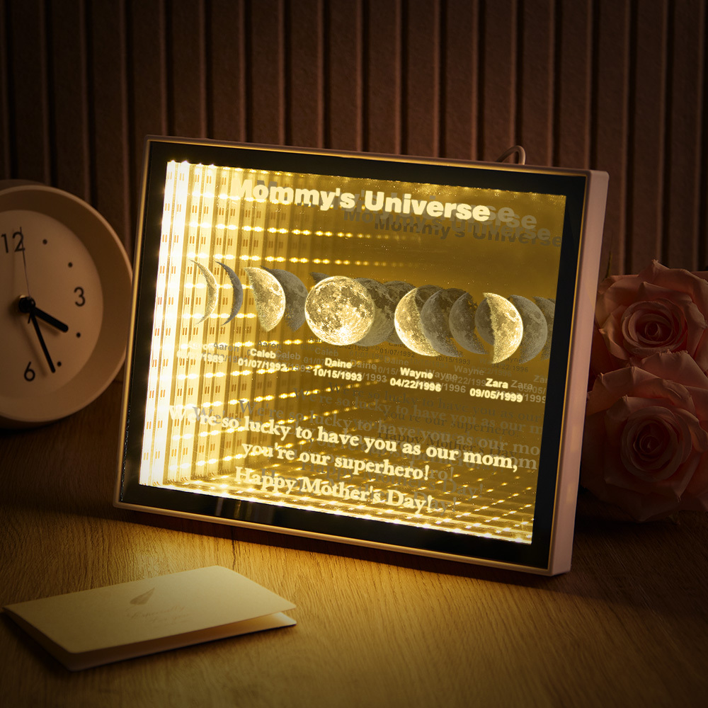 Custom Mirror Infinity Moon Phase Lightbox Personalized Night Light Mirror with Personalized Name and Heartfelt Text for Mom on Mother's Day