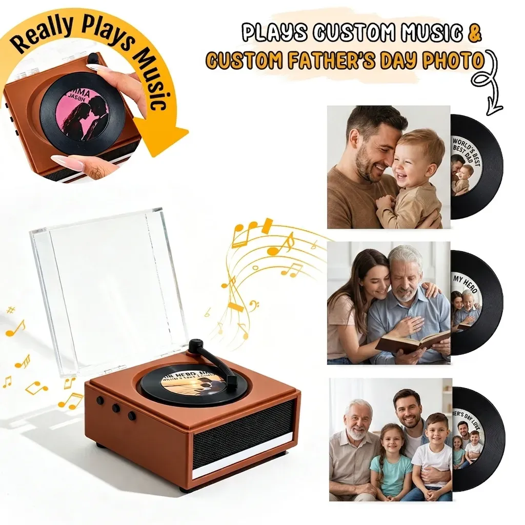 Personalized Mini Vinyl Music Player That Really Plays Music | Each Vinyl Can Play a Different Full Song, Custom Photo Album Cover & Music Box Cover, Father's Day Gift for Daddy