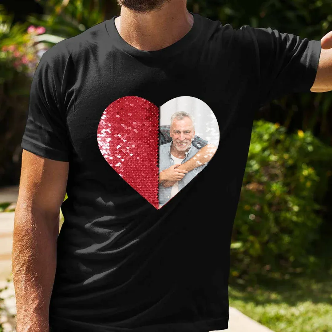 Custom Flip Sequin Shirt with Photos Personalized Heart Shaped T-Shirt Gifts for Him