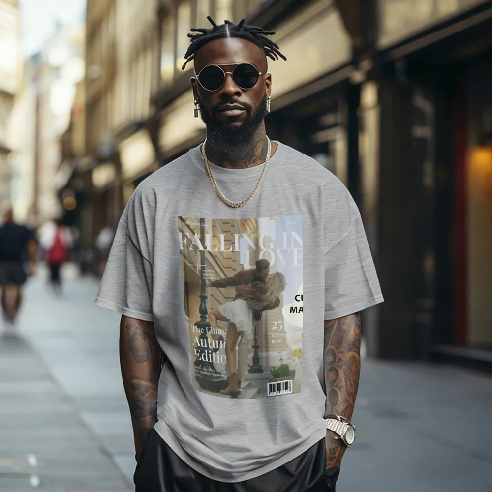 Custom Photo Magazine Tee Personalized Stylish T-shirt Couple Gifts Black