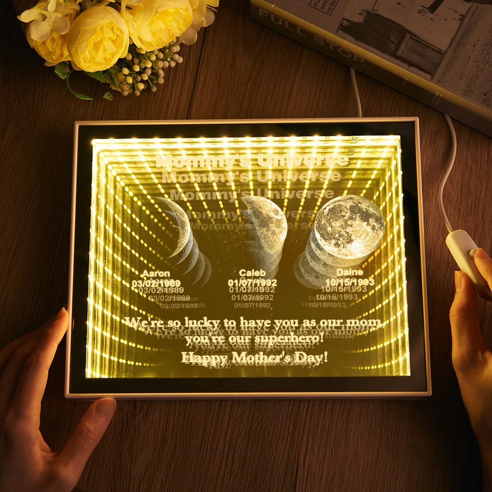 Custom Mirror Infinity Moon Phase Lightbox Personalized Night Light Mirror with Personalized Name and Heartfelt Text for Mom on Mother's Day