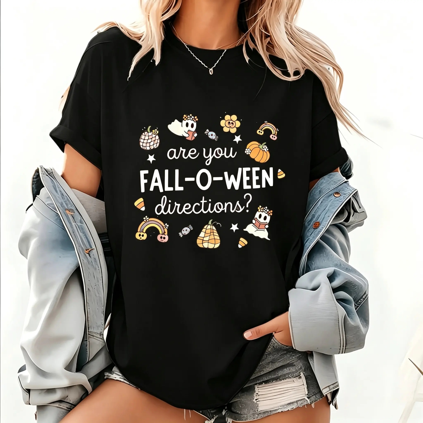 Woman's Halloween T-Shirt with Text "are you FALL-O-WEEN directions?" Halloween Gift for Her