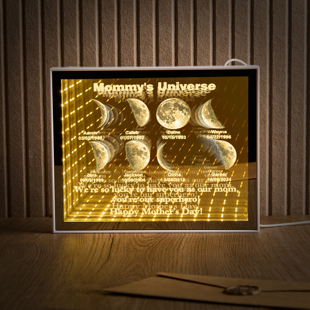 Custom Mirror Infinity Moon Phase Lightbox Personalized Night Light Mirror with Personalized Name and Heartfelt Text for Mom on Mother‘s Day