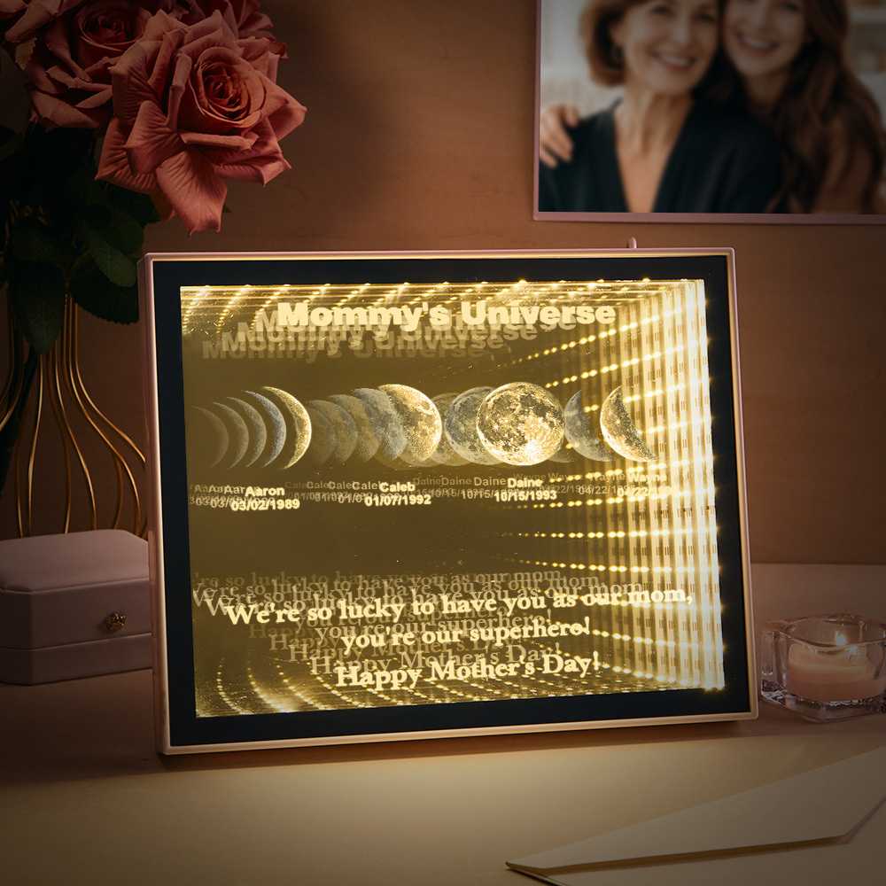 Custom Mirror Infinity Moon Phase Lightbox Personalized Night Light Mirror with Personalized Name and Heartfelt Text for Mom on Mother's Day