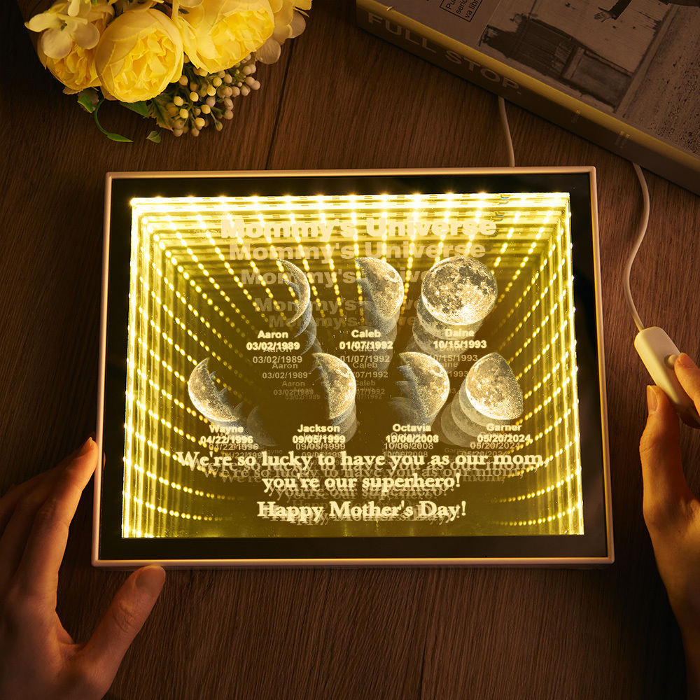 Custom Mirror Infinity Moon Phase Lightbox Personalized Night Light Mirror with Personalized Name and Heartfelt Text for Mom on Mother's Day
