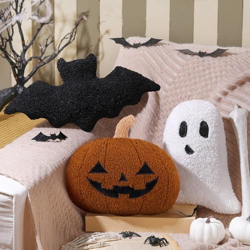 3 Pcs Halloween Throw Pillows, Pumpkin Ghost Bat Witch Hat Cat Shapes Pillows