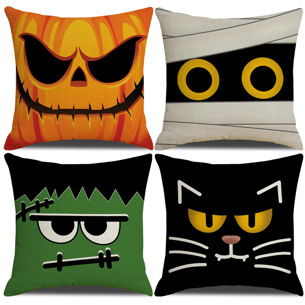 Halloween Pillow Covers 18 x 18 Set of 4 -Linen Print Thanksgiving Sofa Pillow Cover -Happy Halloween Cushion Case for Holiday Party Living Room Bedroom Home Fall Decorative