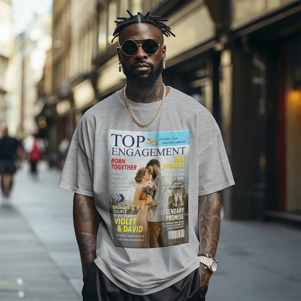 Custom Photo Magazine Tee Personalized Stylish T-shirt Couple Gifts Black