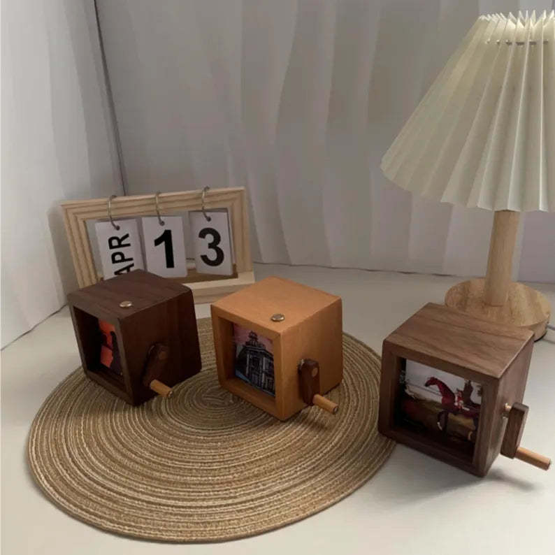 Custom Flip Book Frame Animation Machine Mechanical Hand-cranked Photo Album with Light Black Walnut Baby Photo Cube Frame Creative Gift - mysiliconefoodbag