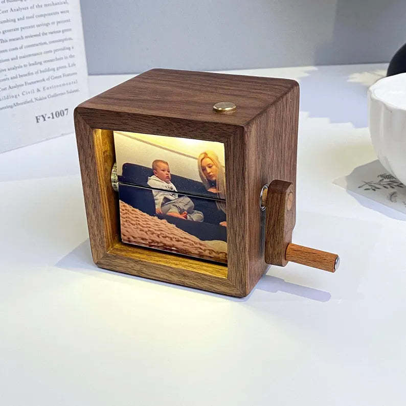 Custom Flip Book Frame Animation Machine Mechanical Hand-cranked Photo Album with Light Black Walnut Baby Photo Cube Frame Creative Gift - mysiliconefoodbag