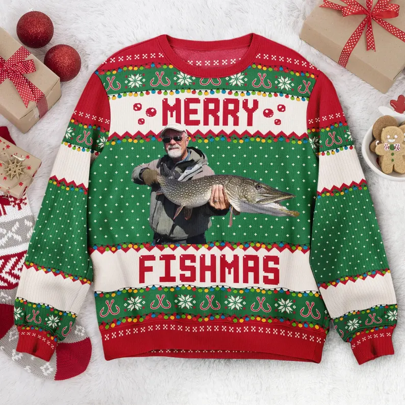 Personalized Ugly Christmas Sweatshirt for Fish Man On Merry Fishmas