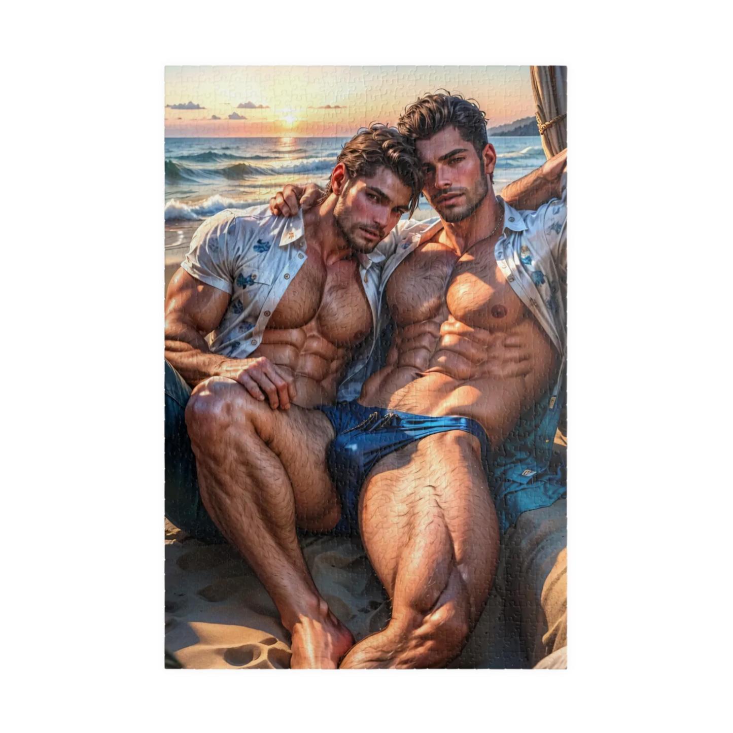 Adult Jigsaw Puzzles | Golden Hour Lovers | Intimate Gay Couple Puzzle by the Sea | Gay Art | Macho Men | Gay Wall Decor | LGBTQ Art