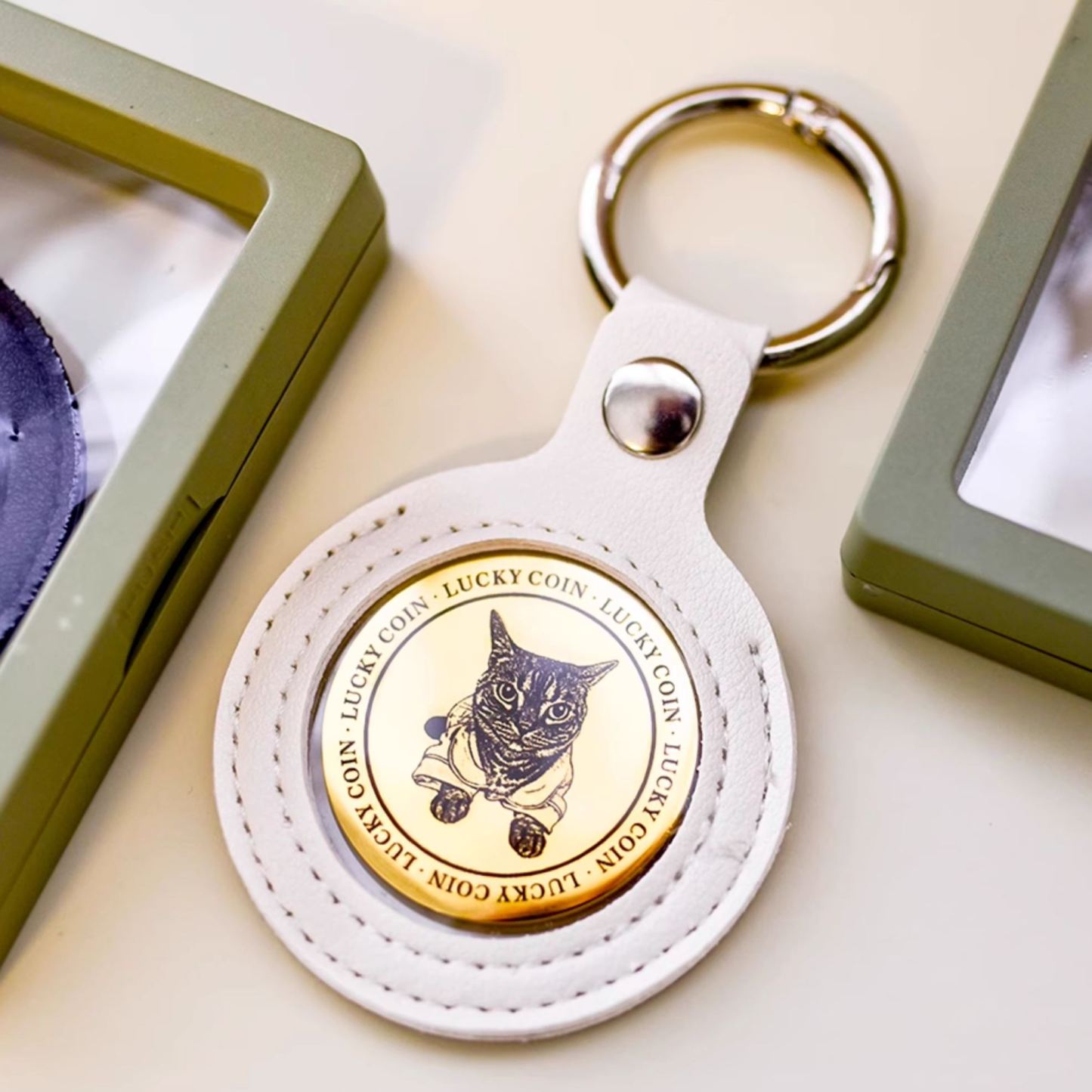 Personalized Calendar Lucky Charm Gold Coin Keychain with Custom Photo & Date | Engraved Titanium Steel Coin in PU Leather Case | Anniversary, Birthday, Christmas Gift for Couples